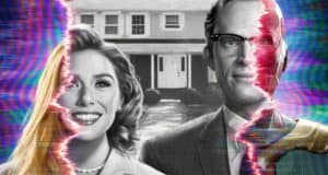 Wanda and Vision stand divided by a glitch effect, their suburban home from the Disney+ series WandaVision behind them—one side vibrant in color, the other classic black and white—echoing the surreal visuals seen in the show's official trailer.