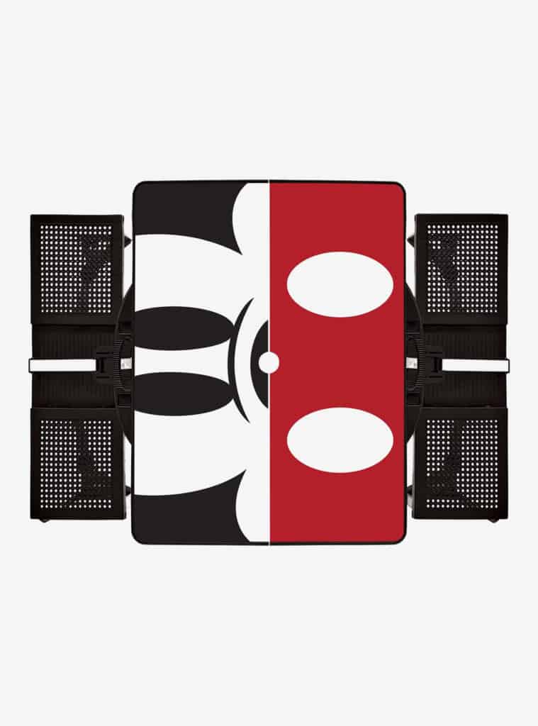 Bring a touch of Disney magic home with this square picnic table adorned in an iconic split Mickey Mouse face and classic outfit design, surrounded by four sleek black chairs—an ideal addition for fans looking to recreate the fun and spirit of the parks all year round.