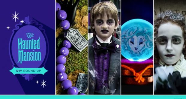 Haunted Mansion-themed DIY Ideas roundup sign surrounded by Halloween crafts and children dressed in spooky, theme park-style costumes and makeup inspired by popular haunted attractions.