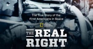 Astronaut in a NASA space suit, surrounded by bold lettering for The Real Right Stuff, promoting the thrilling National Geographic documentary now streaming on Disney+.
