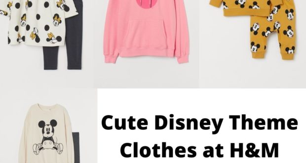 Four imaginative Disney-inspired kids’ outfits, celebrating the latest character styles seen across Disney Parks and Resorts, with the phrase "Cute Disney Theme Clothes at H&M" on a bright white background.