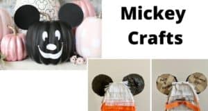 A festive black Mickey pumpkin and two mini Mickey ear piñatas in vibrant Halloween hues sit beneath the playful "DIY Mickey Crafts" text—perfect inspiration for Disney fans looking to bring a bit of that theme park magic home with some creative seasonal decor.