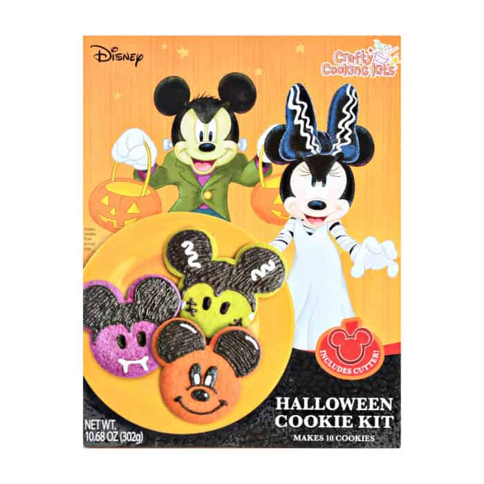 Disney Halloween Cookie Kit box showcasing festive Mickey’s Not-So-Scary designs, with vampire Mickey and mummy Minnie ready for a magical celebration, plus Mickey-shaped cookies decorated just like treats from Main Street U.S.A. during Halloween at the Disney Parks.