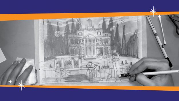 An artist brings the Haunted Mansion to life on paper, sketching its iconic features with pens and an eraser close by, surrounded by vibrant blue and orange borders reminiscent of Disney Parks’ signature style.