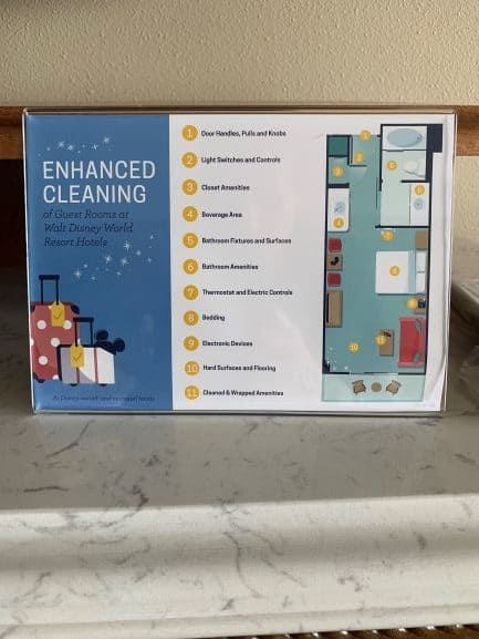 A colorful sign at Walt Disney World Resort features a detailed cleaning checklist and room map, highlighting the enhanced cleaning measures for Disney hotel rooms to ensure guest comfort and safety.
