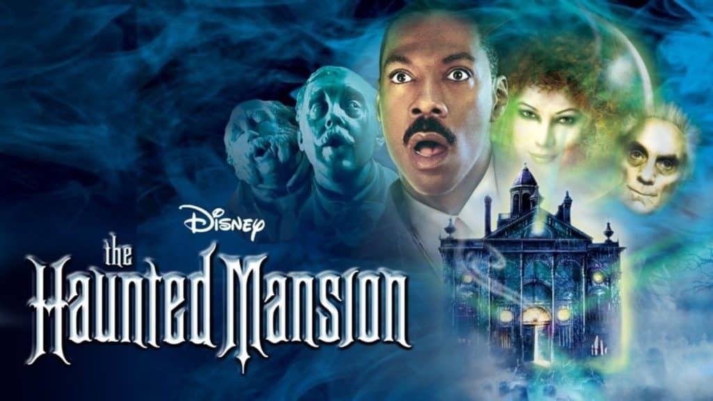 The Haunted Mansion movie poster conjures up the iconic chills of Disney Parks’ beloved attraction, with spectral mansion architecture, swirling blue-green mist, and hauntingly familiar faces—making it a must-see for theme park fans and anyone who loves a spooky adventure inspired by Disney’s classic thrills.
