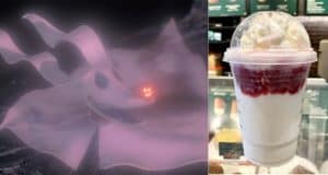 Zero the ghost dog from The Nightmare Before Christmas glows on the left, evoking Haunted Mansion Holiday magic. On the right, a vibrant Zero Frappuccino—complete with layers of whipped cream and berries inspired by Starbucks Secret Menu creations—is ready for festive sips in your favorite theme park café.