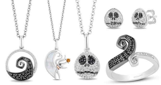 Five pieces of silver jewelry inspired by The Nightmare Before Christmas are displayed on a white background, showcasing magical designs from the Disney collection available at KAY Jewelers—perfect for fans who adore bringing a touch of the beloved film’s spirit home from their favorite Disney experiences.