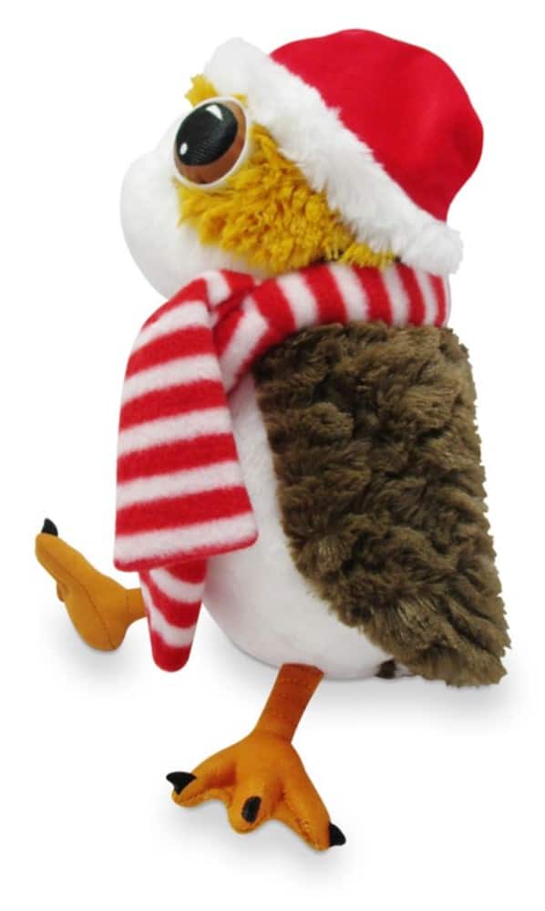 Adorable holiday plush bird from our theme park’s festive collection, sporting a red Santa hat and red-and-white striped scarf as it waddles left—perfect for cuddling after a magical day of fun and seasonal attractions.