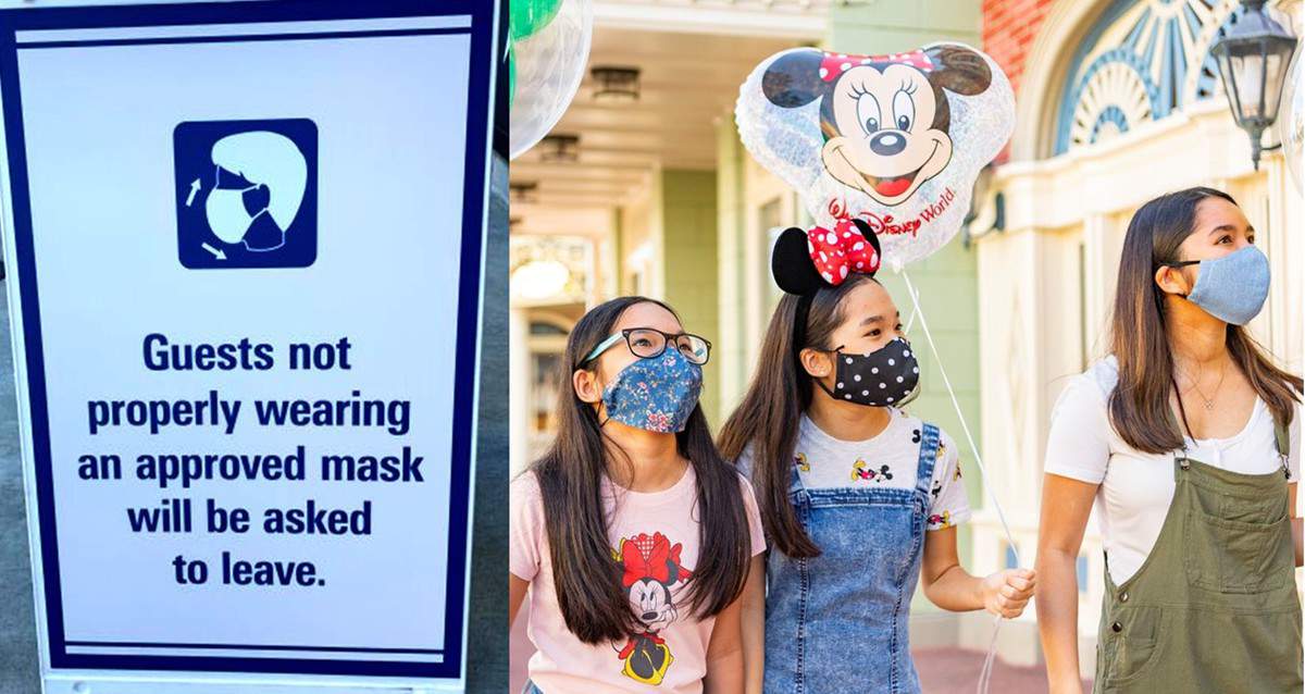 Disney’s mask policy sign welcomes guests at the park entrance, as three visitors in face coverings enjoy the atmosphere—one cheerfully holding a Minnie Mouse balloon.