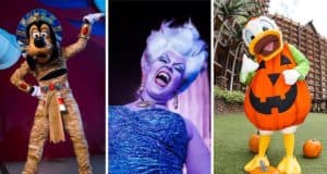 Goofy dressed as a mummy, Ursula striking a pose, and Donald Duck in a pumpkin costume celebrate with other Disney characters in themed costumes across Disney Parks worldwide.