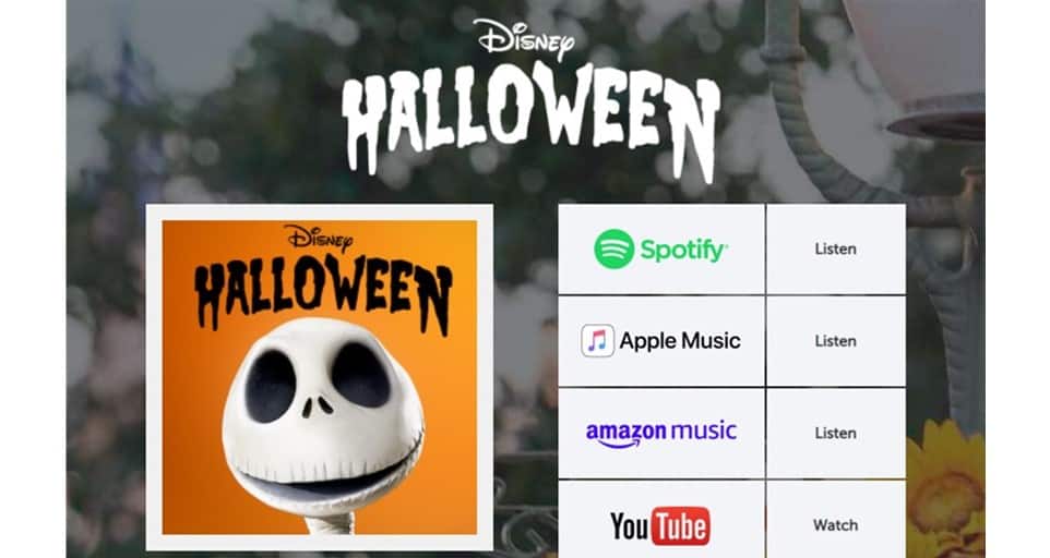 Disney Halloween Playlist album cover spotlighting Jack Skellington from Tim Burton’s The Nightmare Before Christmas, inviting fans to enjoy the spooky sounds of the season on Spotify, Apple Music, Amazon Music, and YouTube—perfect for Disney Parks and Halloween events.