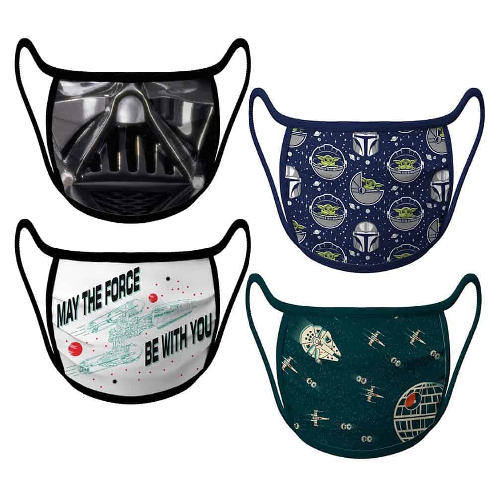 Star Wars-themed face masks, showcasing Darth Vader, The Mandalorian, Baby Yoda, and a “May the Force Be With You” design, now available for fans at shopDisney—perfect for your next visit to Star Wars: Galaxy’s Edge or any Disney Parks adventure.