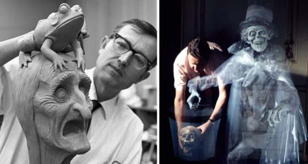 An Imagineer crafts a chilling Haunted Mansion-inspired head, capturing the eerie essence fans adore; in another shot, he perfects a ghostly character’s costume for Disney’s Throwback Thursday celebration.