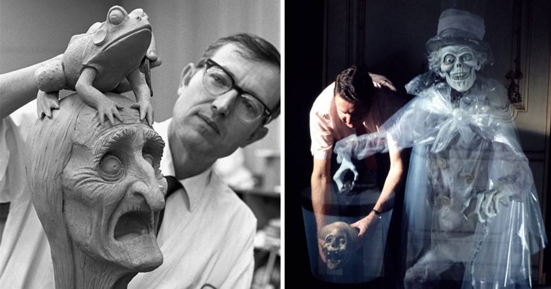 An Imagineer crafts a chilling Haunted Mansion-inspired head, capturing the eerie essence fans adore; in another shot, he perfects a ghostly character’s costume for Disney’s Throwback Thursday celebration.