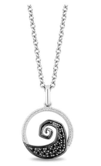 Silver chain necklace with a circular pendant showcasing a black spiral and sparkling dark stones, inspired by The Nightmare Before Christmas—perfect for fans visiting Tim Burton experiences at Disney parks.