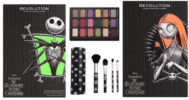 “Nightmare Before Christmas” makeup collection displayed with themed palette, brushes, and cases featuring Jack Skellington and Sally—styled for Tim Burton fans and available exclusively at Ulta.
