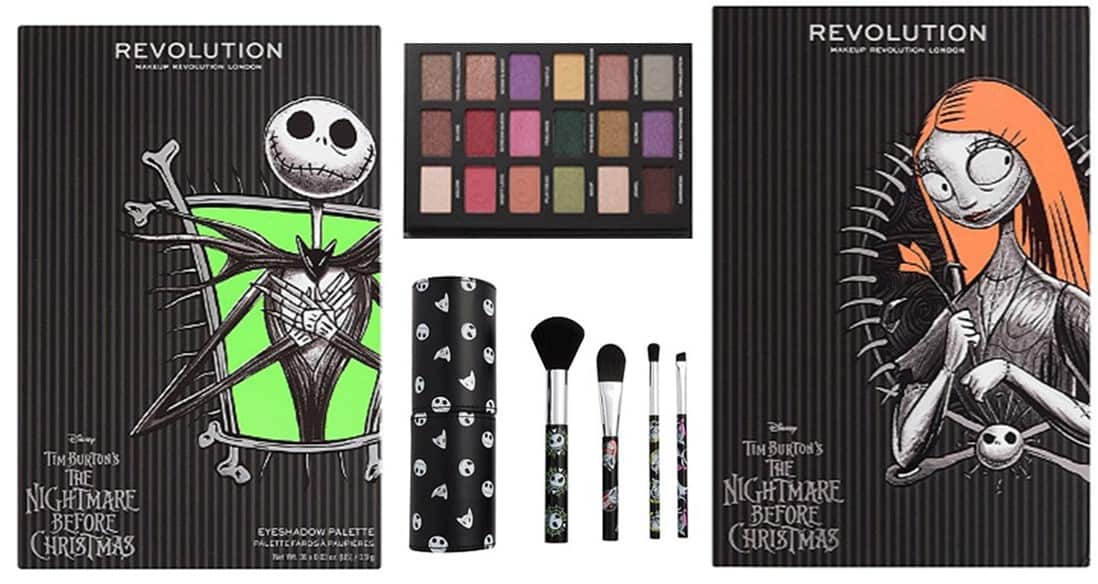 “Nightmare Before Christmas” makeup collection displayed with themed palette, brushes, and cases featuring Jack Skellington and Sally—styled for Tim Burton fans and available exclusively at Ulta.