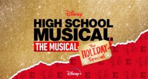 Experience the festive magic of High School Musical: The Musical Holiday Special with a dazzling gold glitter and red Wildcat-themed backdrop, showcased in this exclusive Disney+ promo—perfect for Disney Parks fans eager to stream the holiday excitement.