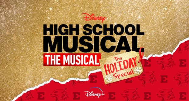 Experience the festive magic of High School Musical: The Musical Holiday Special with a dazzling gold glitter and red Wildcat-themed backdrop, showcased in this exclusive Disney+ promo—perfect for Disney Parks fans eager to stream the holiday excitement.