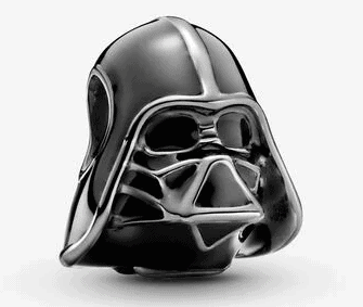 A glossy Darth Vader helmet charm in Pandora’s signature design, capturing the iconic Star Wars villain’s look—perfect for fans visiting Galaxy’s Edge or celebrating galactic adventures, shown on a simple backdrop.