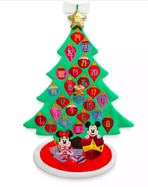 Disney-themed felt Christmas tree advent calendar showcasing Mickey and Minnie Mouse, with numbered ornaments and festive gift boxes—bringing the magic of the parks to your home for an enchanting holiday countdown.