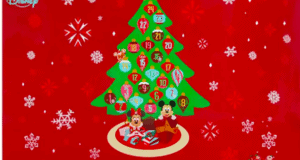 Festive Disney holiday tree advent calendar decorated with gifts, starring Mickey and Minnie Mouse in classic holiday outfits, set against a cheerful red snowy backdrop reminiscent of magical winter celebrations at Disney parks.