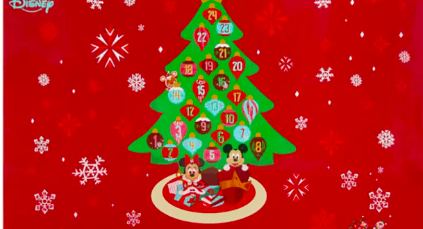 Festive Disney holiday tree advent calendar decorated with gifts, starring Mickey and Minnie Mouse in classic holiday outfits, set against a cheerful red snowy backdrop reminiscent of magical winter celebrations at Disney parks.