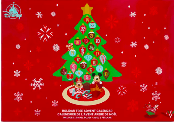 Festive Disney holiday tree advent calendar decorated with gifts, starring Mickey and Minnie Mouse in classic holiday outfits, set against a cheerful red snowy backdrop reminiscent of magical winter celebrations at Disney parks.
