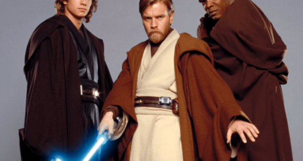 Jedi from the Disney+ series "Obi-Wan Kenobi" greet guests in their signature brown robes, brandishing blue and purple lightsabers for an immersive Star Wars photo op, recreating favorite scenes right at Disney Parks.