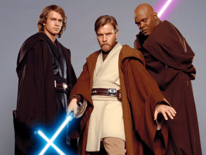Jedi from the Disney+ series "Obi-Wan Kenobi" greet guests in their signature brown robes, brandishing blue and purple lightsabers for an immersive Star Wars photo op, recreating favorite scenes right at Disney Parks.