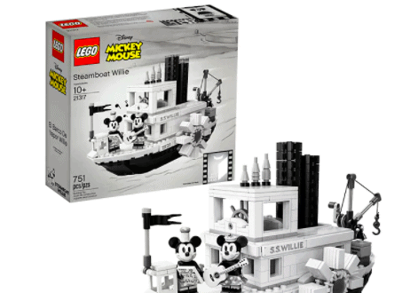 LEGO Steamboat Willie set featuring iconic Mickey and Minnie Mouse figures, with the collector’s box displayed behind them, perfect for Disney fans and available at Kohls.