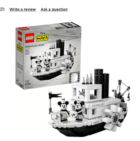 LEGO Steamboat Willie set featuring iconic Mickey and Minnie Mouse figures, with the collector’s box displayed behind them, perfect for Disney fans and available at Kohls.