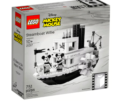 Experience the enchantment of Disney parks at home with the LEGO Steamboat Willie set from Kohl’s. This collectible box features classic Mickey and Minnie Mouse minifigures and 751 pieces, perfect for fans ages 10 and up who love Disney rides and attractions.