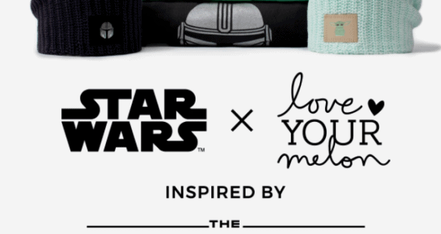 Star Wars and Love Your Melon collaborative merchandise, including two cozy knit hats and a Baby Yoda-themed blanket inspired by The Mandalorian, featuring both fandom logos—perfect for fans visiting the parks or enjoying movie nights at home.
