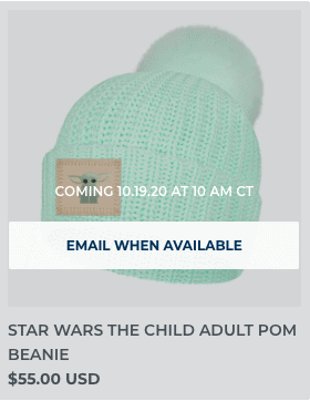 Mint green beanie featuring a playful pom and a "The Child" patch from Star Wars, part of the Love Your Melon x Star Wars collection, perfect for fans visiting Galaxy’s Edge or celebrating their favorite saga. Available for $55.00 USD.