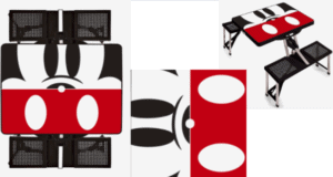 Fun-filled folding picnic table with benches, decorated with Mickey Mouse’s iconic face and bold red Disney theming on the tabletop—an eye-catching accessory for Disney park fans, perfect for bringing a touch of the magic home during the holidays.
