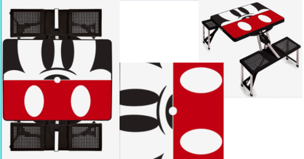 Fun-filled folding picnic table with benches, decorated with Mickey Mouse’s iconic face and bold red Disney theming on the tabletop—an eye-catching accessory for Disney park fans, perfect for bringing a touch of the magic home during the holidays.