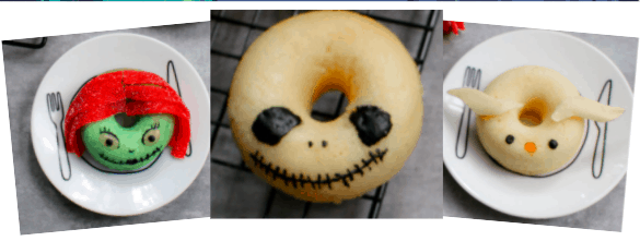 Three Nightmare Donuts inspired by iconic Halloween Town characters: Oogie Boogie's green face with red hair, Sally's stitched mouth, and Jack Skellington's expressive face with big ears, all ready for fans at the theme park.