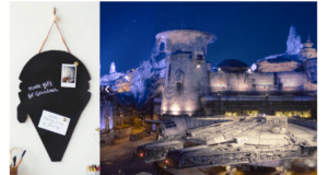 A whimsical chalkboard shaped like an ice cream cone stands in front of a nighttime Star Wars-inspired backdrop with rocky outcroppings, serving as the perfect spot for guests at Disney’s Galaxy’s Edge to leave playful notes—just like the Millennium Falcon crew sharing messages before their next adventure.