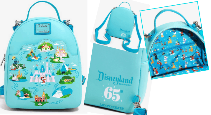 Loungefly’s light blue Disneyland 65th Anniversary backpack showcases vibrant park map artwork, classic Disney characters, the official Disneyland logo, and a special anniversary-themed lining—perfect for fans celebrating Disney magic.