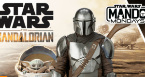 The Mandalorian in his iconic armor stands next to Grogu in his hovering pod beneath the Star Wars and Mando Mondays logos, inviting fans to experience the action-packed world of The Mandalorian as part of an immersive entertainment celebration.