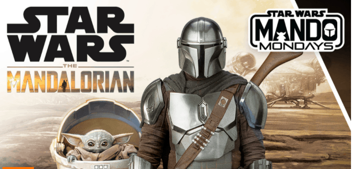 The Mandalorian in his iconic armor stands next to Grogu in his hovering pod beneath the Star Wars and Mando Mondays logos, inviting fans to experience the action-packed world of The Mandalorian as part of an immersive entertainment celebration.