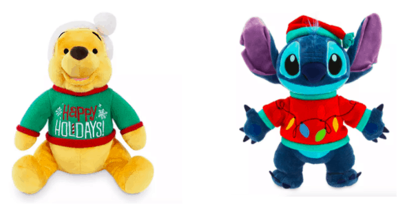 Winnie the Pooh and Stitch plush dolls dressed in festive holiday sweaters and hats, sitting side by side, ready to bring Disney Parks holiday cheer to your home.