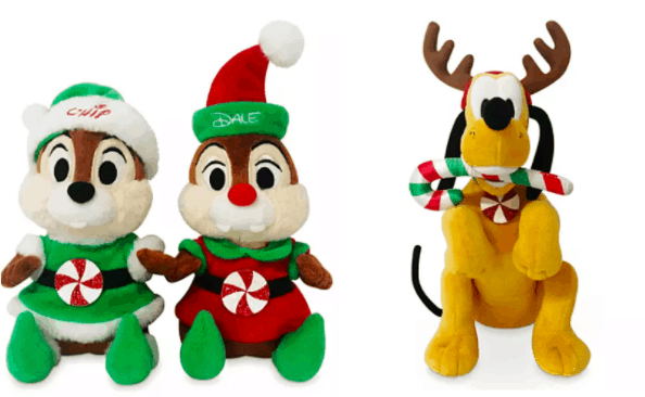 Holiday Disney plush collectibles on display: festive Chip and Dale in cheerful seasonal attire, joined by Pluto dressed with playful reindeer antlers and a cozy scarf—perfect for fans celebrating the magic of Disney Parks.