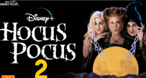 Winifred, Sarah, and Mary Sanderson, the iconic witches from Hocus Pocus—portrayed by Bette Midler and cast—stand dramatically before a glowing full moon. The "Hocus Pocus 2" title and Disney+ logo appear on the left, spotlighting Disney's magical return of the beloved Halloween classic.