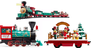 Experience the magic of the holidays with a Disney Parks-inspired Holiday Train Set, featuring Mickey, Minnie, and Donald Duck dressed in festive Christmas colors as they ride aboard a vibrant train filled with seasonal cheer.