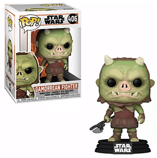 Gamorrean Fighter Funko Pop! figure from Star Wars on display in its original box, number 406, clutching an axe—perfect for Mandalorian fans and Star Wars lovers to pick up at a theme park gift shop or entertainment venue.