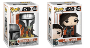 Two boxed Star Wars Funko Pop! figures—The Mandalorian with The Child and Cara Dune—capturing the excitement of a galaxy far, far away, just like experiencing Star Wars: Galaxy’s Edge at your favorite theme park. Ideal collectible souvenirs for both Funko fans and Star Wars adventurers.