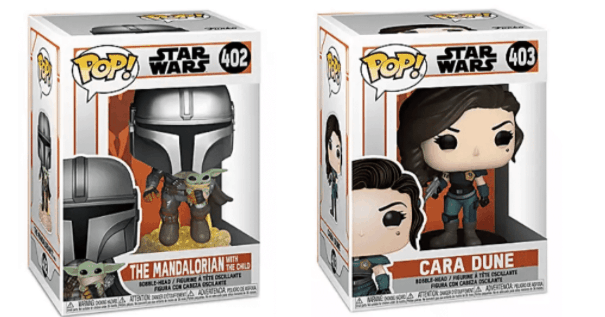 Two boxed Star Wars Funko Pop! figures—The Mandalorian with The Child and Cara Dune—capturing the excitement of a galaxy far, far away, just like experiencing Star Wars: Galaxy’s Edge at your favorite theme park. Ideal collectible souvenirs for both Funko fans and Star Wars adventurers.